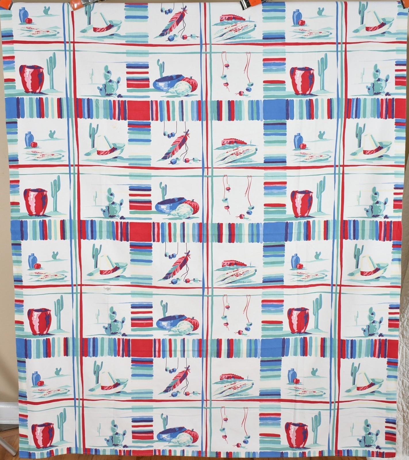 Large Vibrant Vintage 1940s Printed Antique Western Tablecloth ~Great Colors Large Vibrant Vintage 1940s Printed Antique Western Tablecloth ~Great Colors