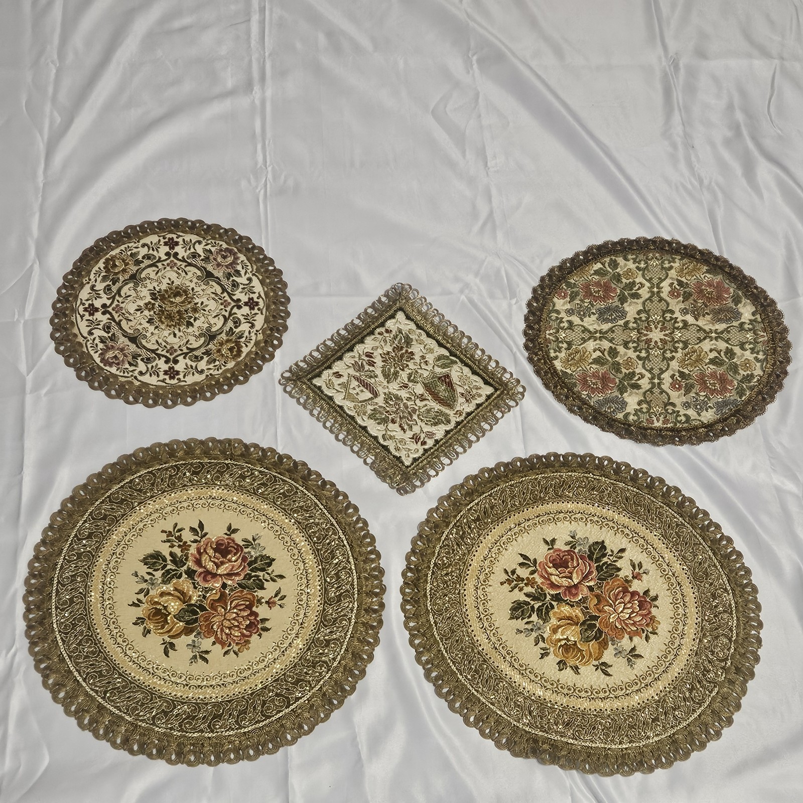 Vintage Italian Brocade Doilies Lot 5 Gold Lace Floral A&K Bacher Merano Rare