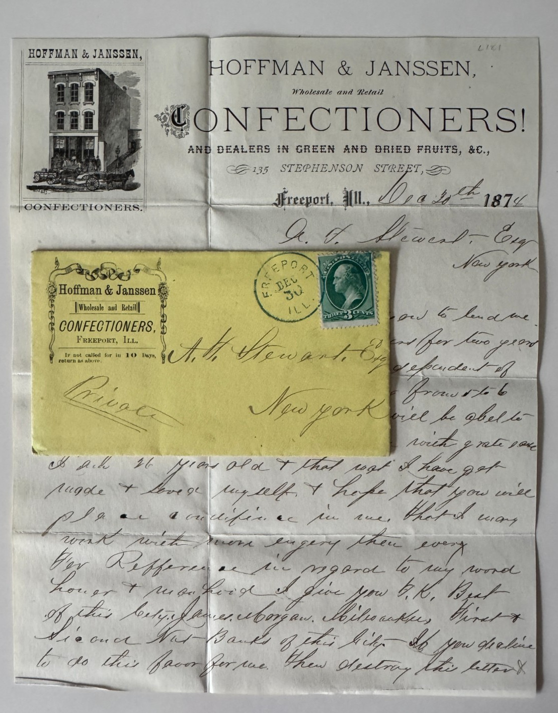 Vtg 1874 Letterhead & Postal Cover Freeport IL Hoffman & Janssen Confectioners