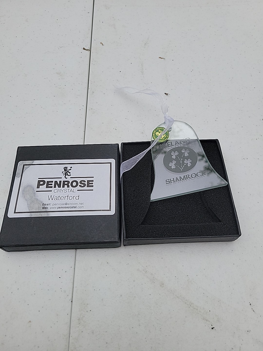 Vintage Penrose Waterford Bell, Shamrock CHRISTMAS Ornament IN BOX.