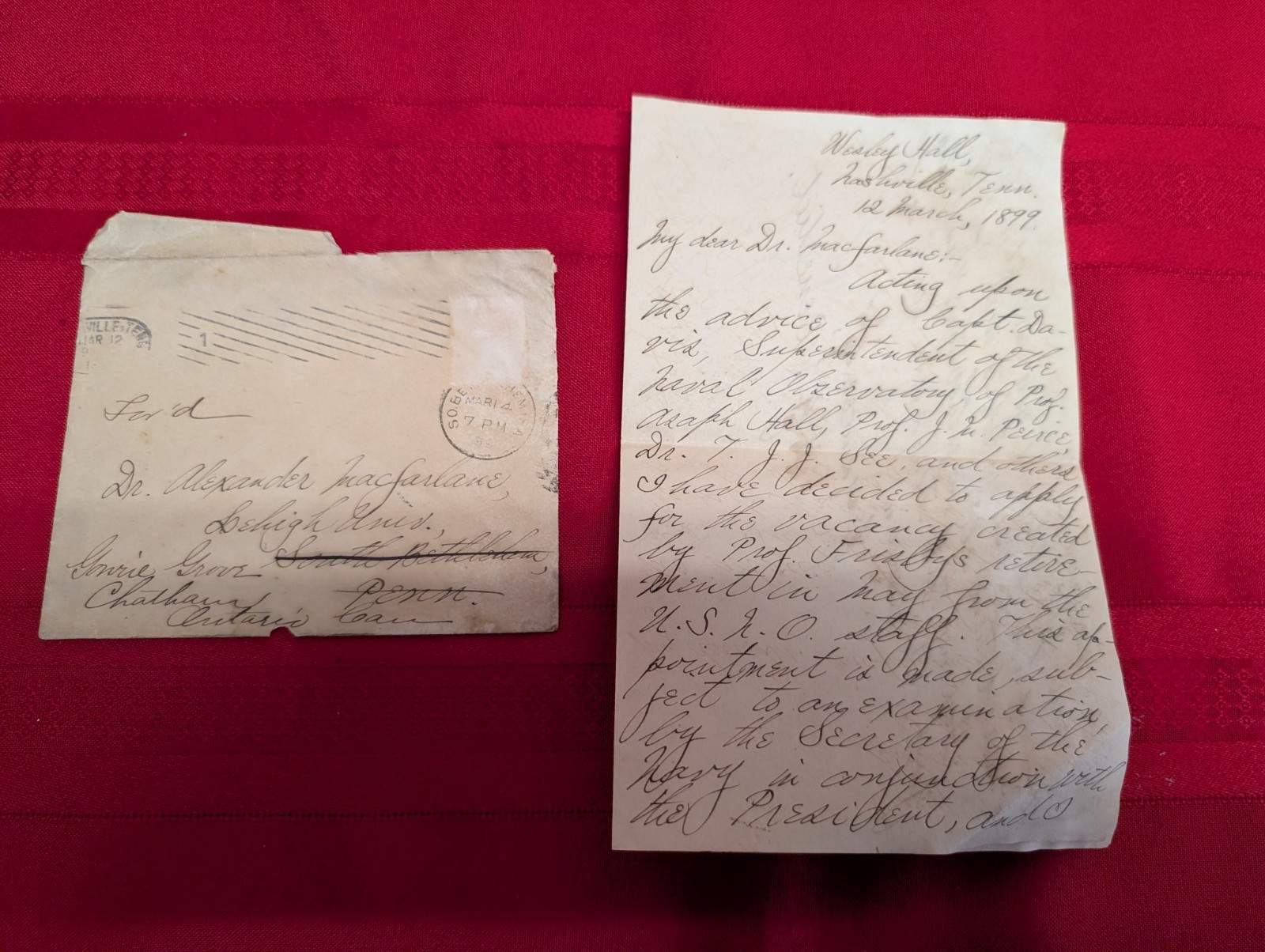 1899 Astronomer H Benedict Letter Recommendation USNO Job UT Professor PRESIDENT