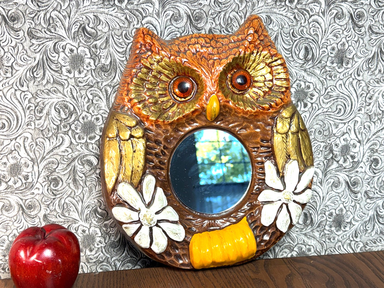 Vintage MCM Owl Mirror Chalkware Art Pottery Mid Century 11x12 Retro 1960s