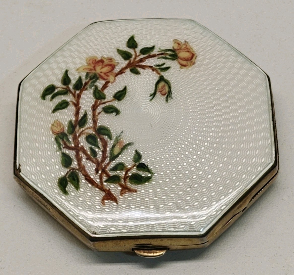 Antique 1883 BH&M English Roses Floral Guilloche Enamel Sterling Silver Compact 