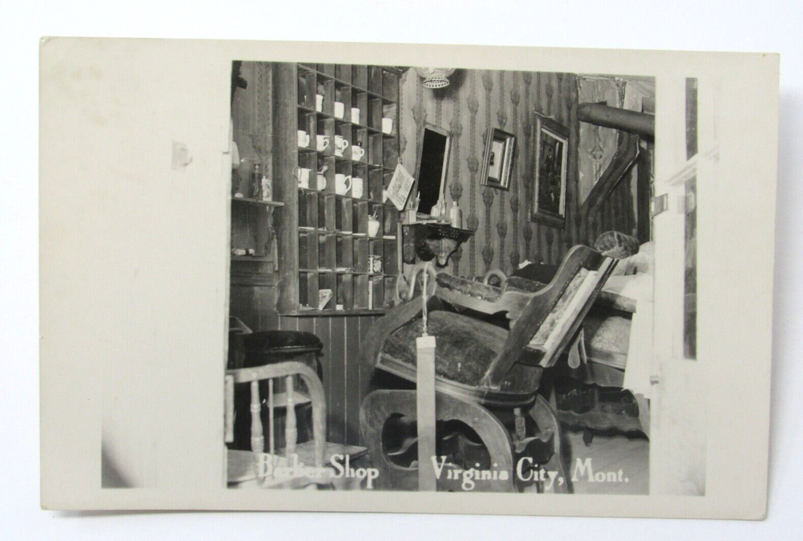 Barbershop Virginia City Montana RPPC Postcard c1915 Barber Chair Shaving Mugs