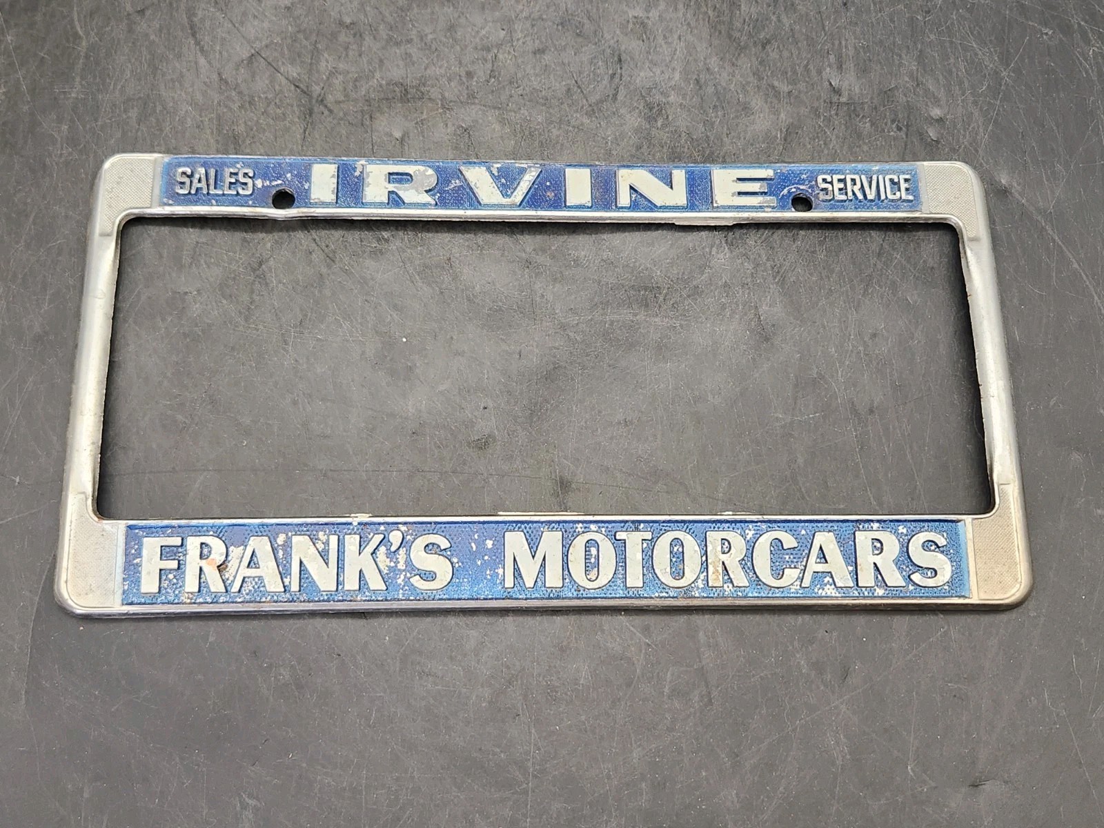 Vintage Frank's Motorcars License Plate Tag Frame Dealership Irvine California Vintage Frank's Motorcars License Plate Tag Frame Dealership Irvine California
