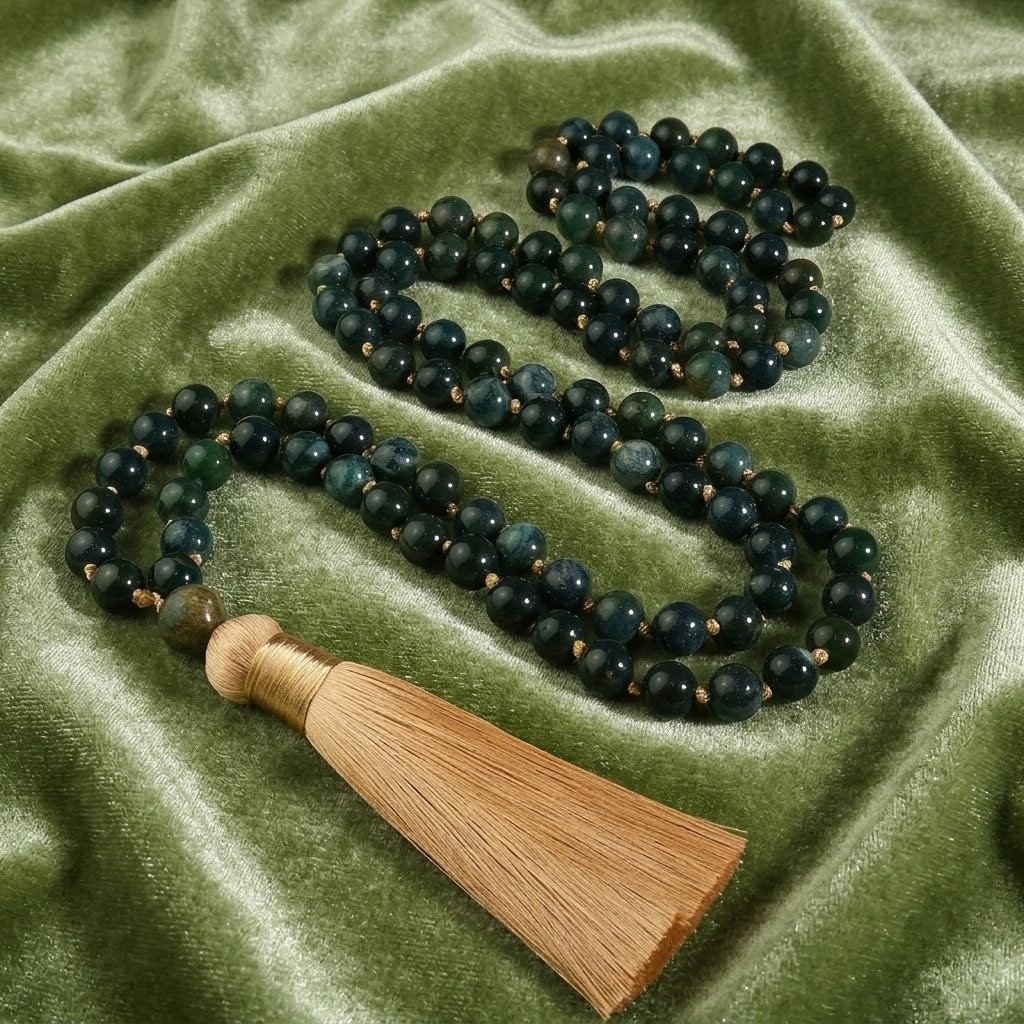 Moss Agate 108 Mala Beads Hand Knotted Tassel Necklace Abundance Meditation Yoga