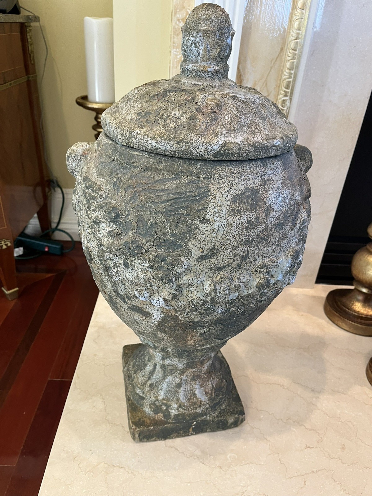 Pair of 19th C. French Terracotta White Urns in excellent condition. Original Pair of 19th C. French Terracotta White Urns in excellent condition. Original