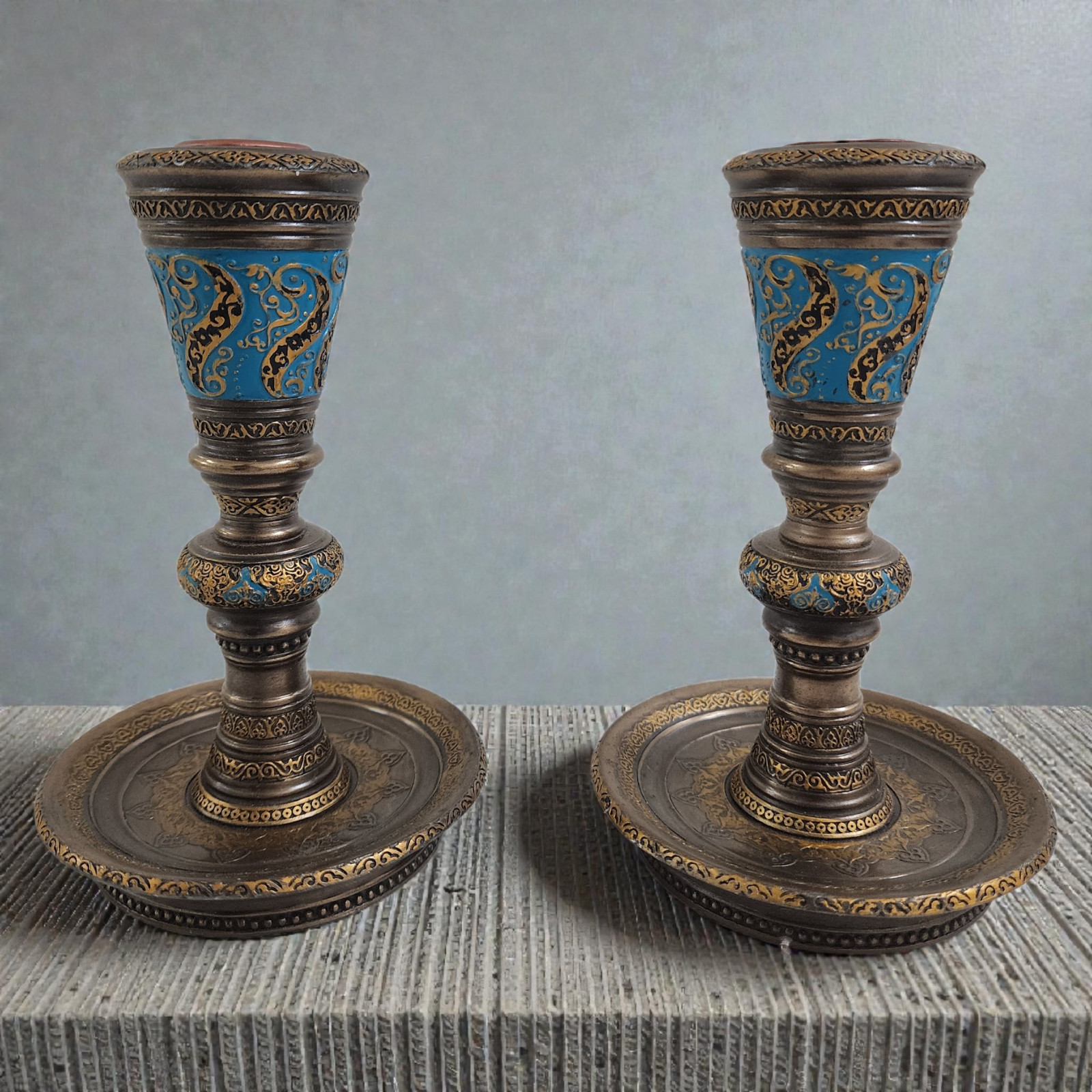 Vintage Veronese Judaica Shabbat Candle Holders Polyresin Bronze Tone Blue Pair