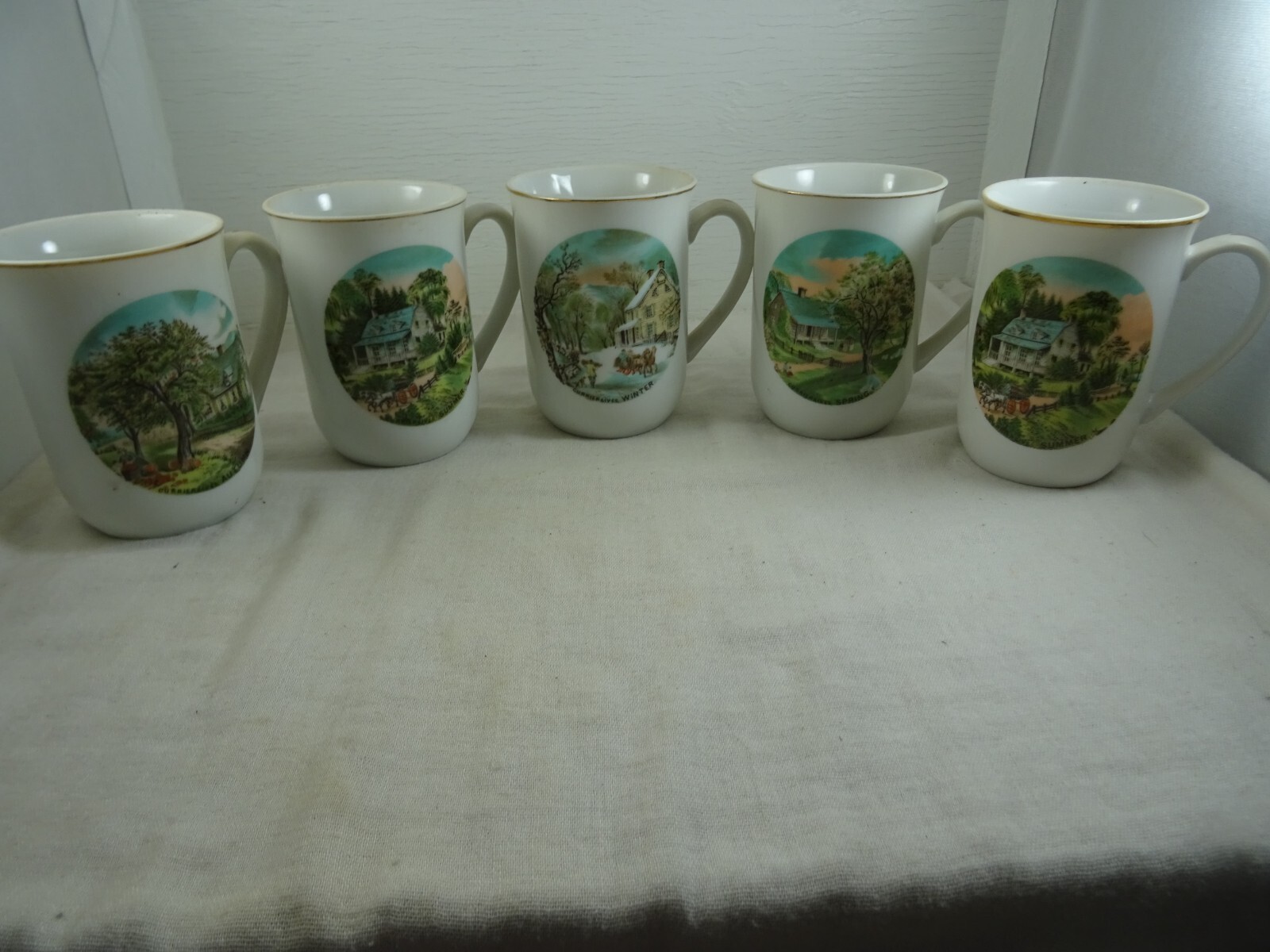 Vintage Currier & Ives Season's Gold Trim Porcelain Coffee Cup set Japan 5 pcs
