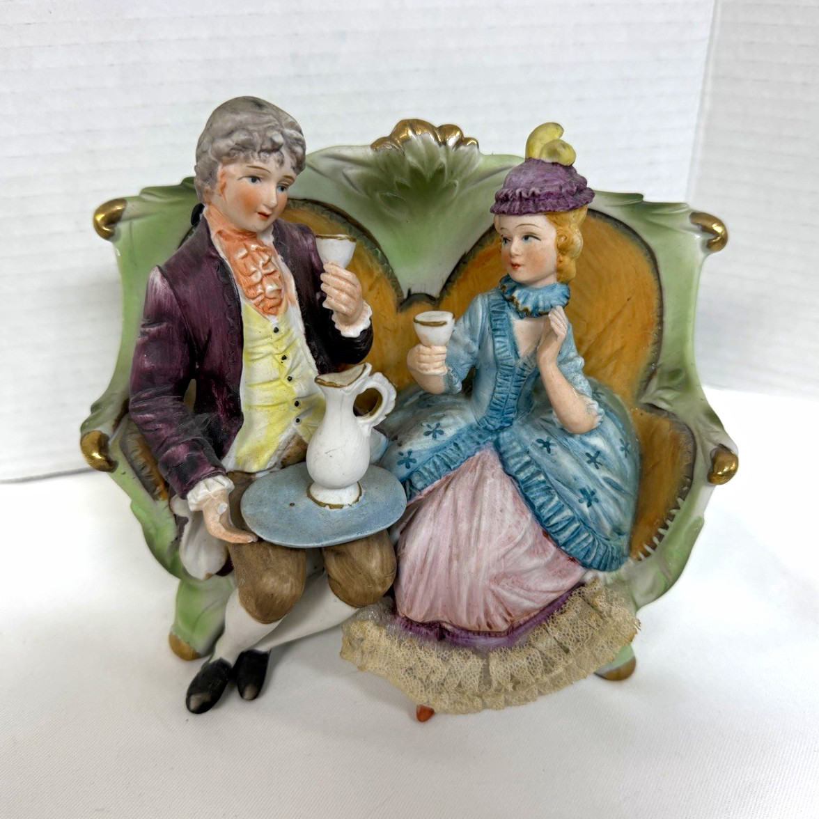 Vtg Norleans Japan Porcelain Courting Couple Figurine Settee Spaghetti Lace 3634
