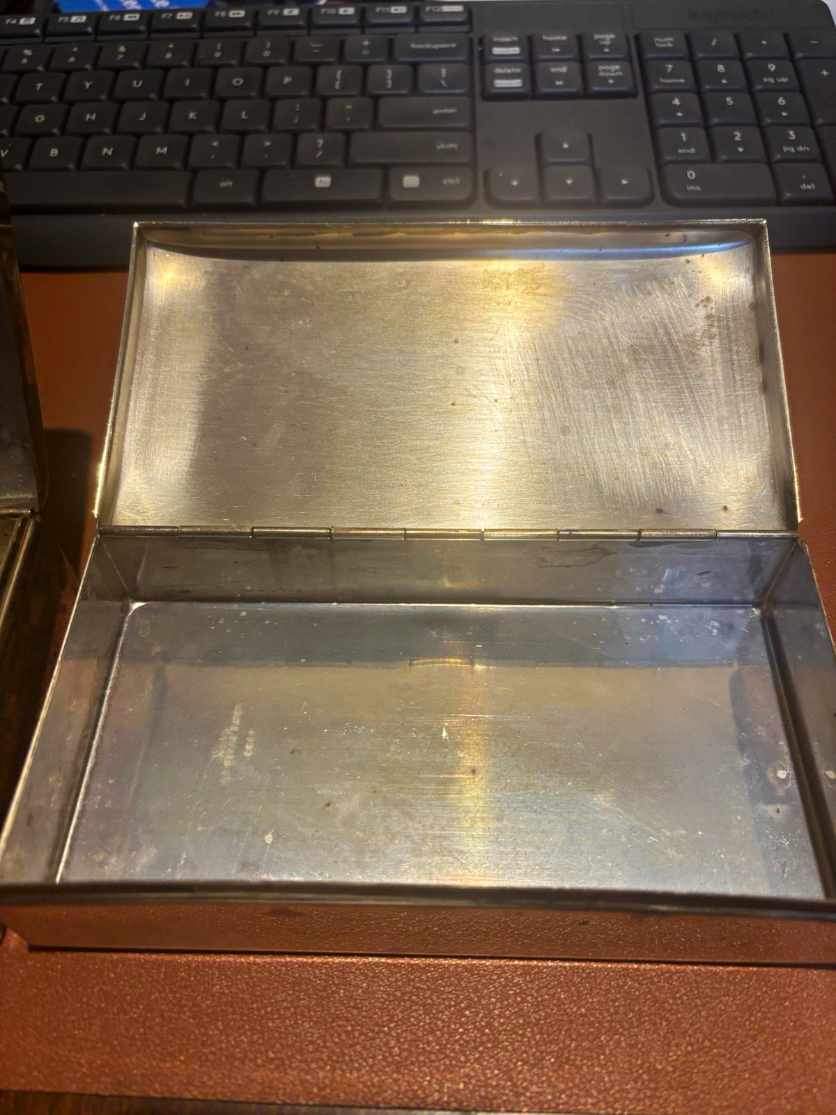 Towle Small Engraved Silver Metal & Wood Hinged Lid Box, 1969 MCM