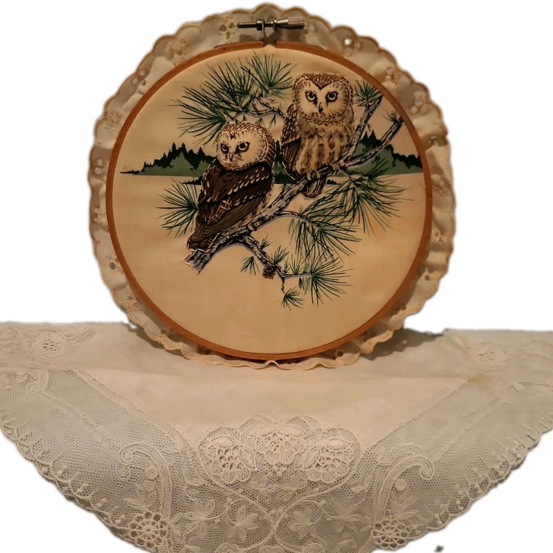 Vtg Owl Landscape Round Fabric Wall Art Hanging Framed With Eyelet Trim 3D Vtg Owl Landscape Round Fabric Wall Art Hanging Framed With Eyelet Trim 3D