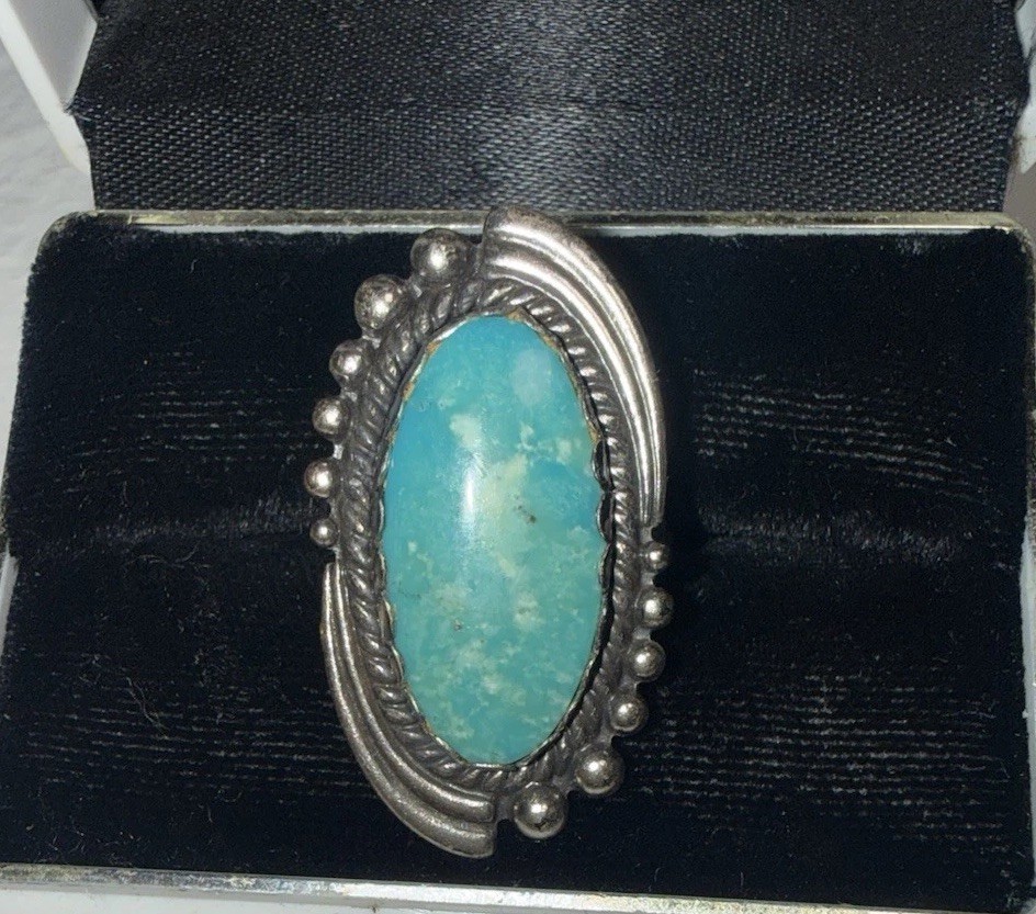 vintage NAVAJO Maisels FRED HARVEY ? era STERLING signed TURQUOISE NA sz 8 RING