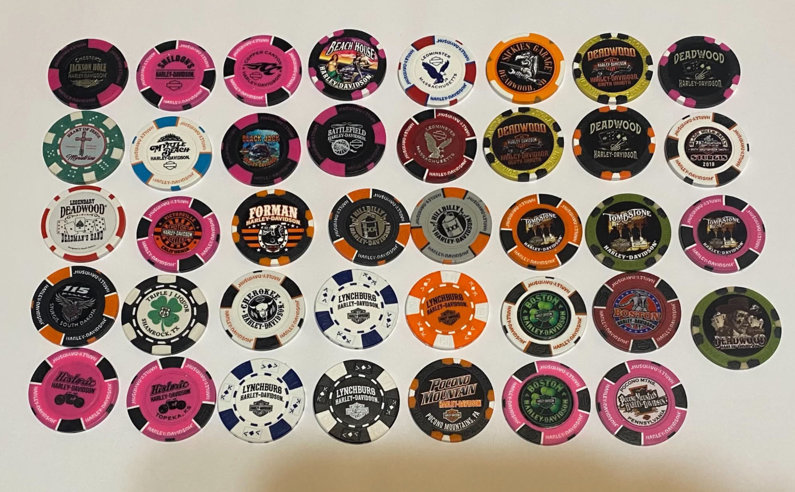 HARLEY DAVIDSON 39 POKER CHIP LOT - STURGIS, DEADWOOD, VARIOUS HARLEY DAVIDSON 39 POKER CHIP LOT - STURGIS, DEADWOOD, VARIOUS