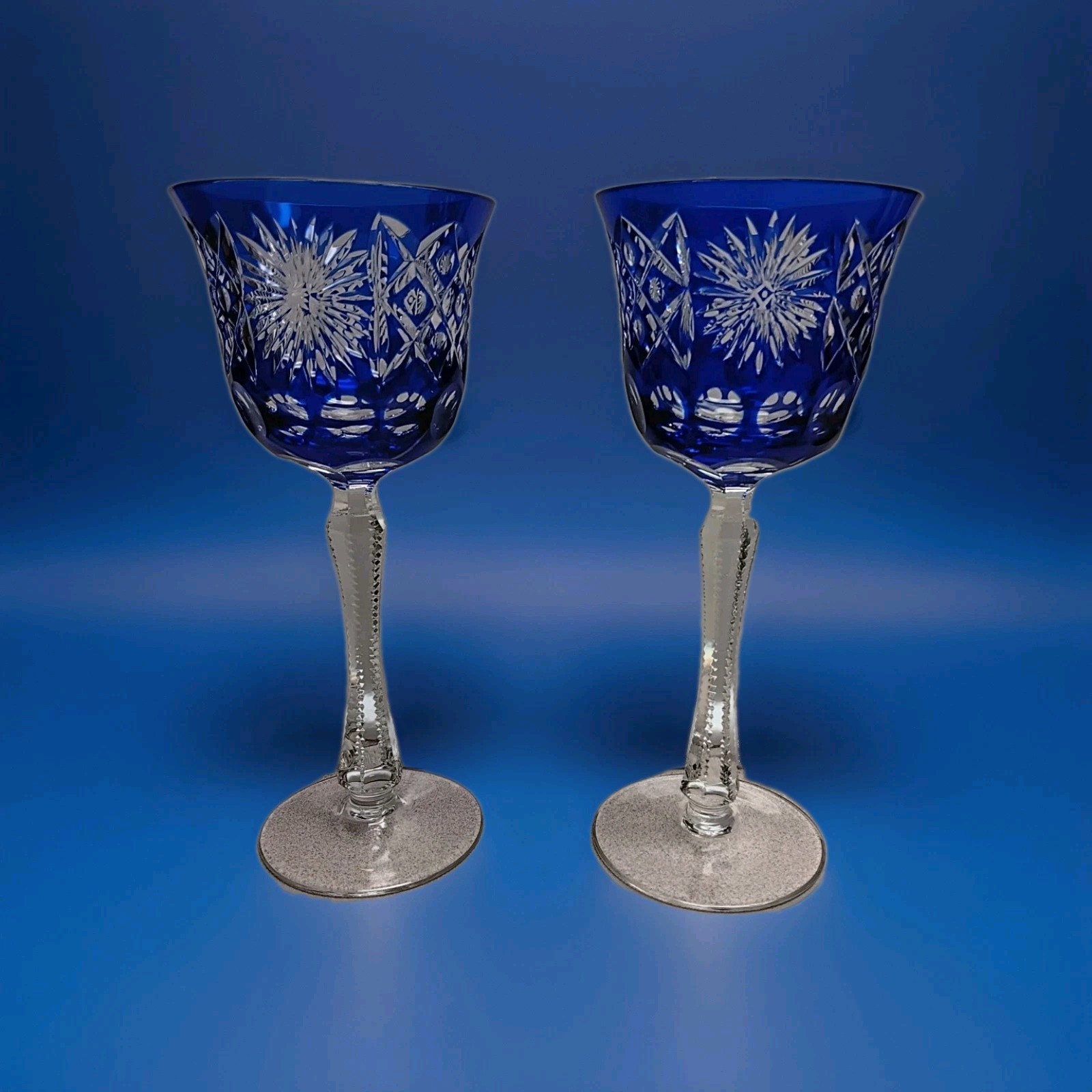 2 Bohemian Crystal Cobalt Blue Cut To Clear Glass Wine Goblets 2 Bohemian Crystal Cobalt Blue Cut To Clear Glass Wine Goblets