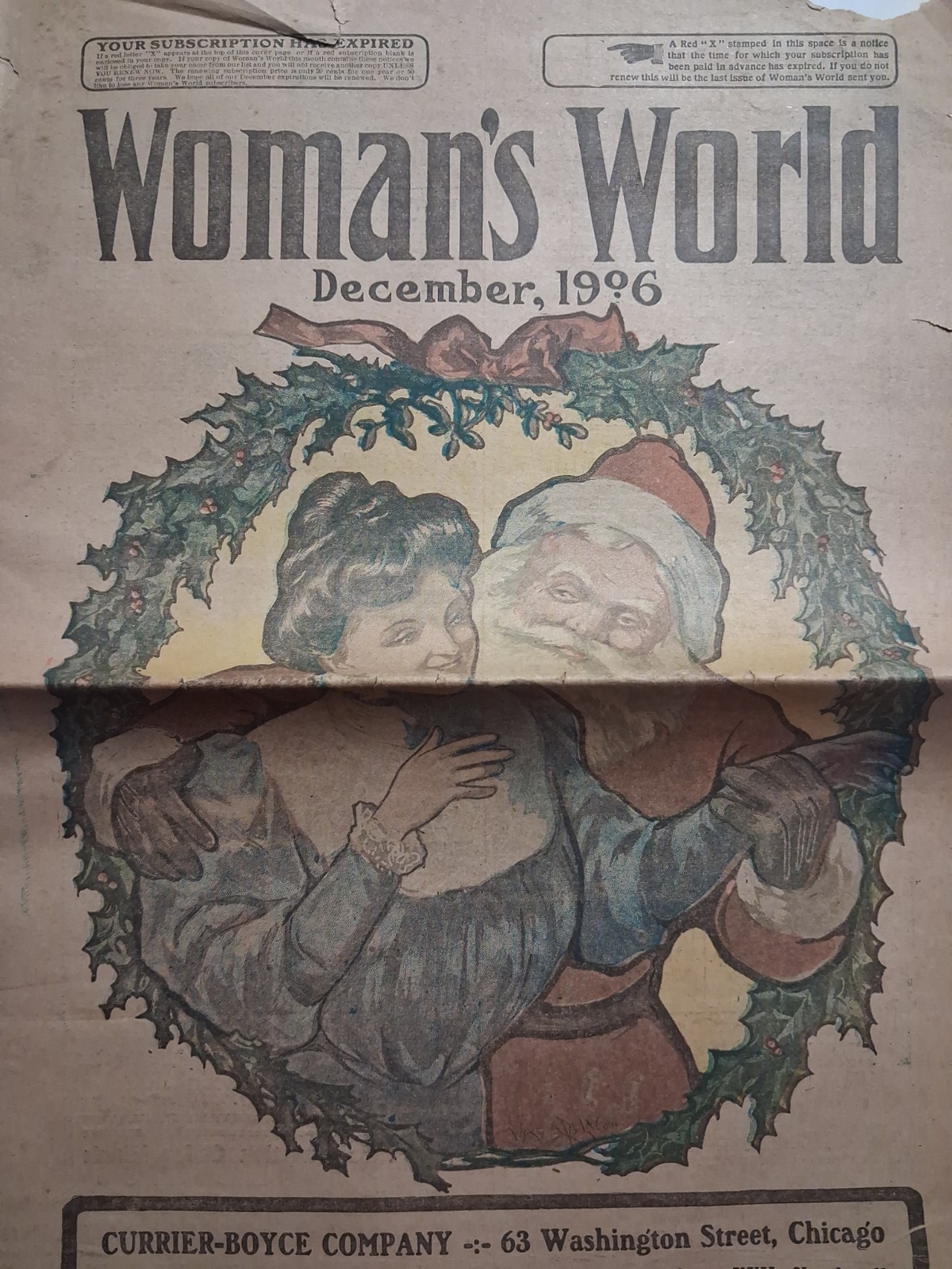 1906 WOMAN'S WORLD December SANTA Victorian WREATH Christmas 12