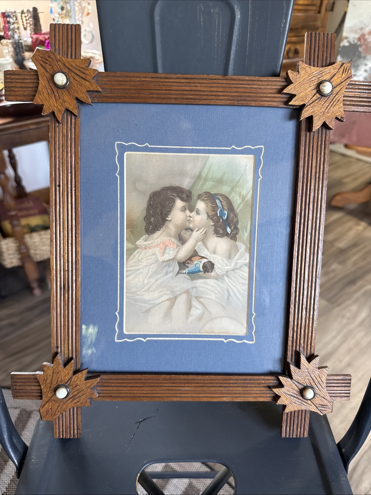 Antique Victorian Lithograph Print-Children & Doll Walnut Frame Leaves Blue Mat Antique Victorian Lithograph Print-Children & Doll Walnut Frame Leaves Blue Mat