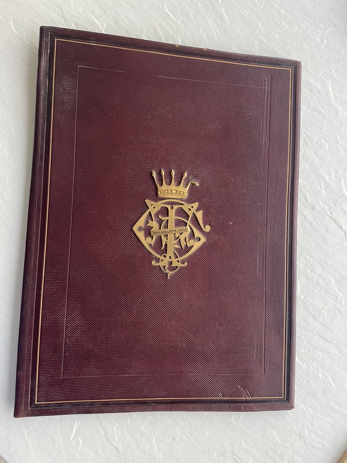 Antique  Document Holder - Philadelphia 1876 Armory Gilt Bronze on Leather