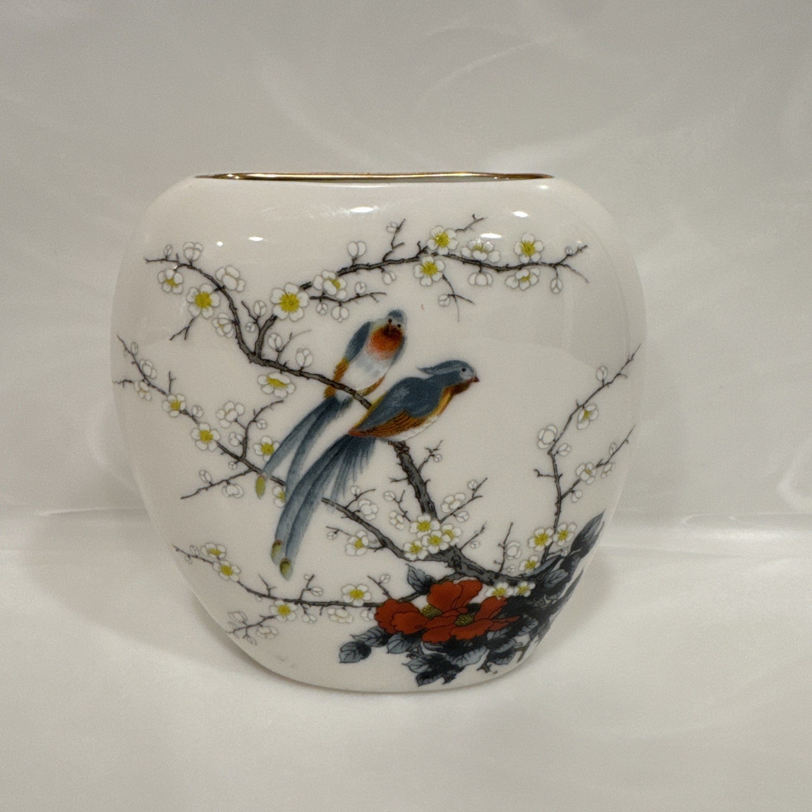Vintage JAY JAPAN Fine China Porcelain Oval Vase Exotic Birds in Cherry Branches