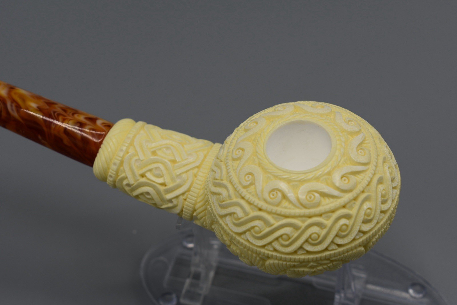 H Ege Ornate Squat Tomato Pipe BLOCK MEERSCHAUM-NEW Handmade  Case#587 Dual Stem