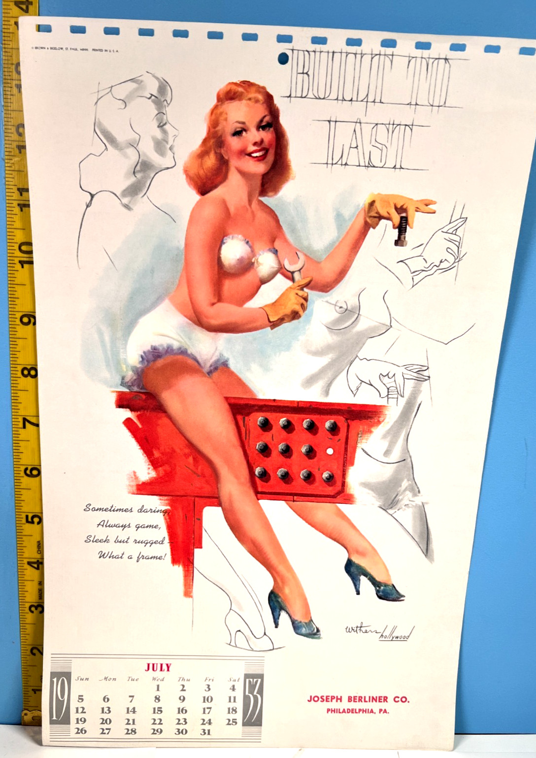 1953 Ted Withers Hollywood Pinup Girl B&B Calendar Page JULY- BUILT TO LAST