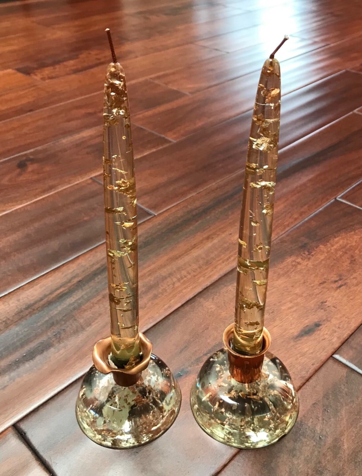 Vintage Pair Acrylic Lucite Copper Fleck Candles & Holders MCM Hollywood Regency