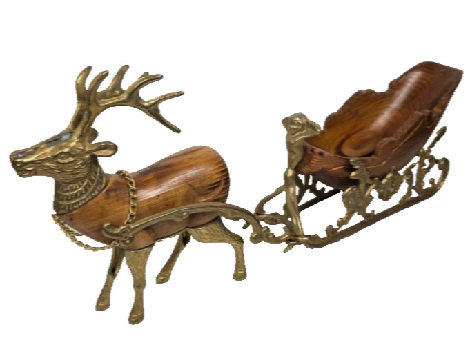 Vintage Brass Sleigh Reindeer Christmas Around The World Carved Wood reindeer