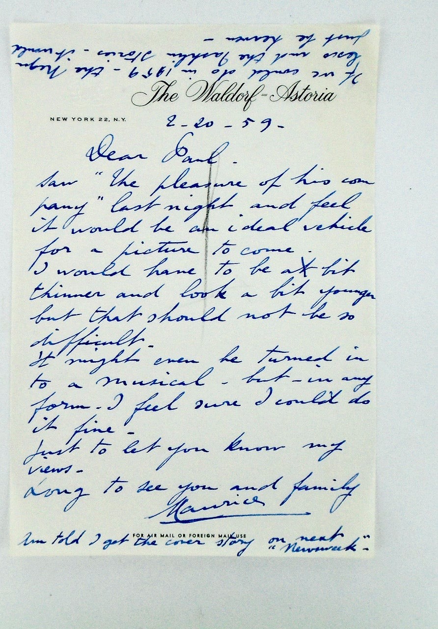 1959 / MAURICE CHEVALIER SIGNED LETTER / ALS / AUTOGRAPH /MOVIES /FRANCE/MUSIC
