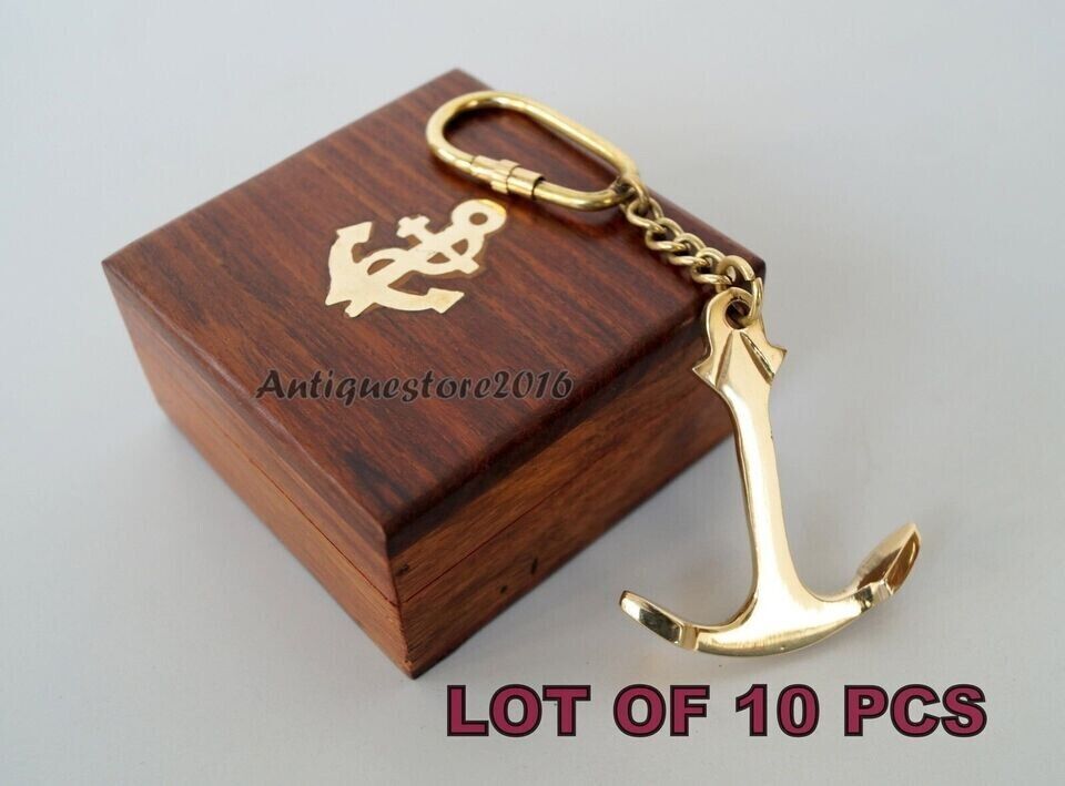 Nautical Brass Anchor Key Chain Vintage With Wooden Box Gift Item Lot Of 10 Pcs