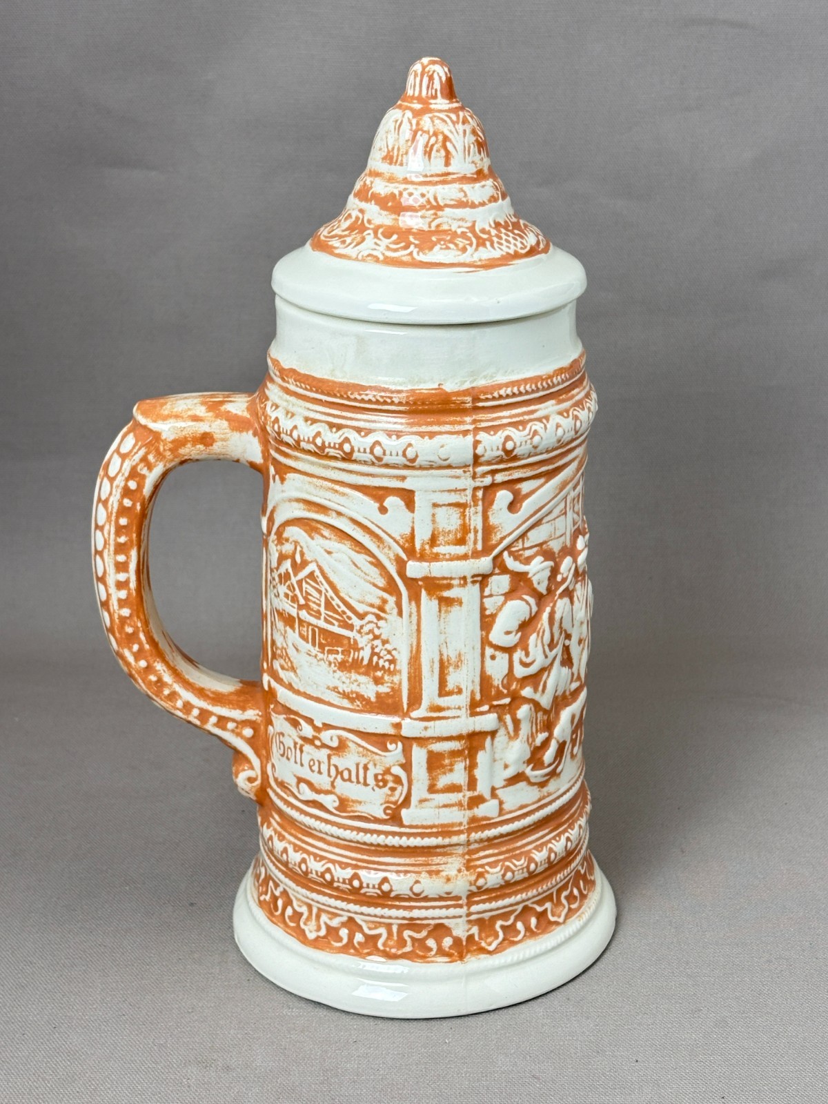 Vintage 1985 Ceramic Beer Stein with Lid Hopfen u Malz Gott Erhalts Barware 9.5