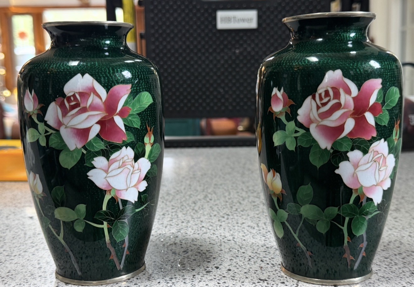 Authentic Pair of Japanese SIGNED Sato Ginbari Cloisonné Rose Vases 