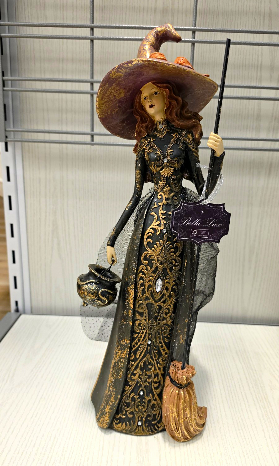Bella Lux Halloween Witch Resin Figurine, Black & Gold Dress w/ Broom, Cauldron