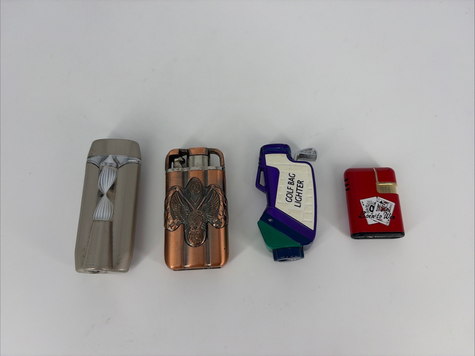 4 Vintage Novelty Pocket Lighters Lot - All Spark - EAGLP Golf Bag Cards Rocket