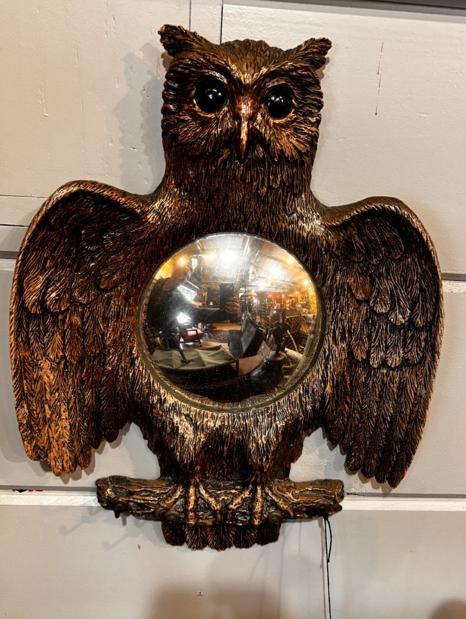 RARE Vintage French Bronze Owl Convex Mirror – 15\