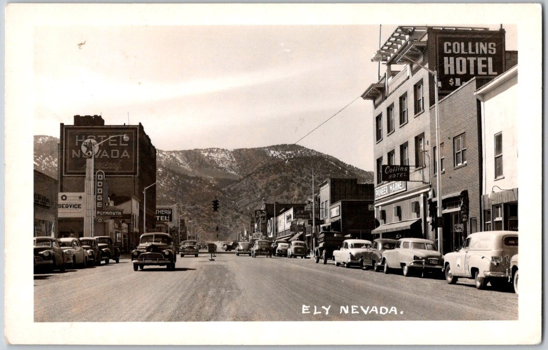 Vintage RPPC Real Photo Postcard ELY, NV Nevada Street Collins Hotel Texaco