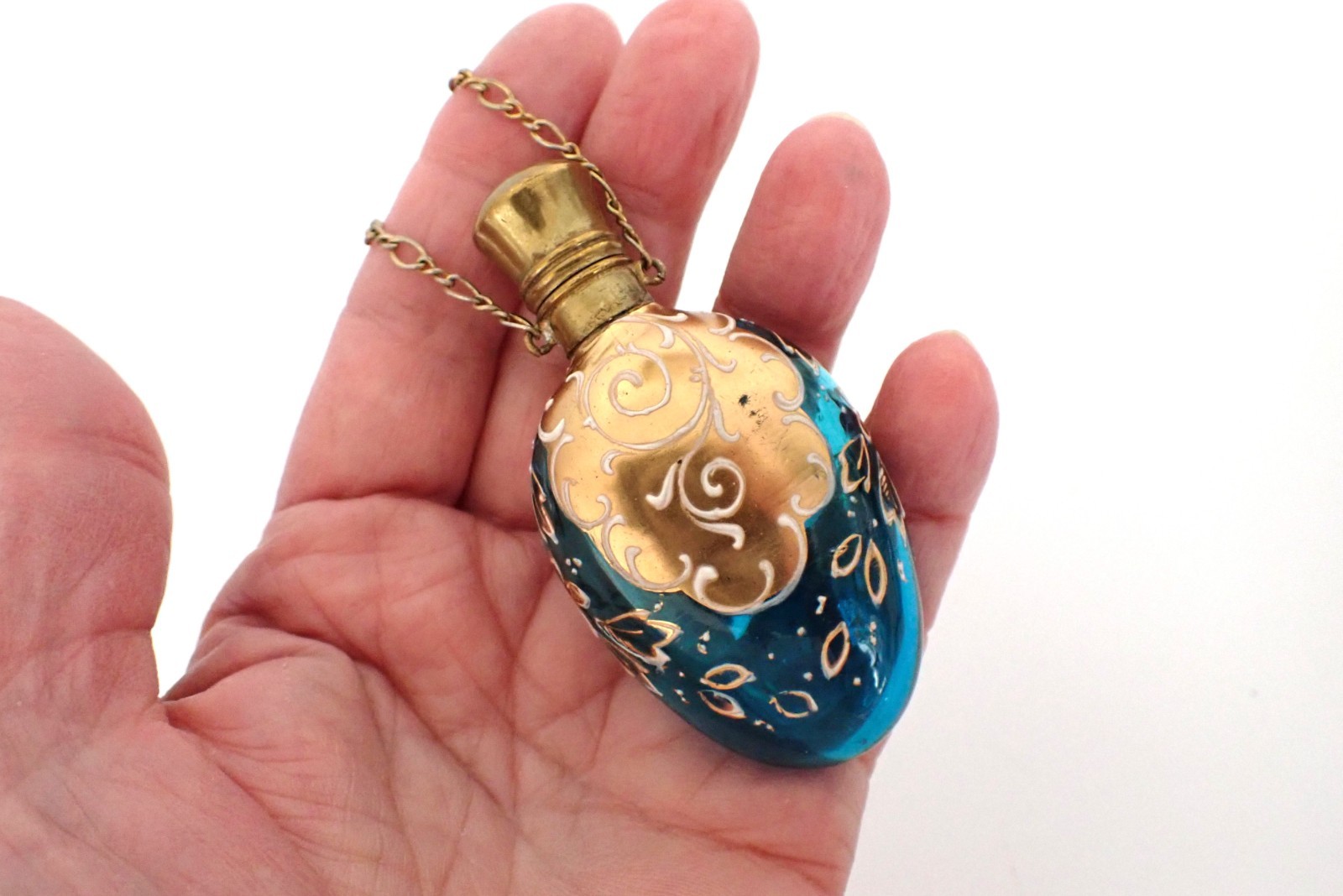 Antique Victorian Moser Hand Painted Enameled Glass Chatelaine Perfume Bottle 
