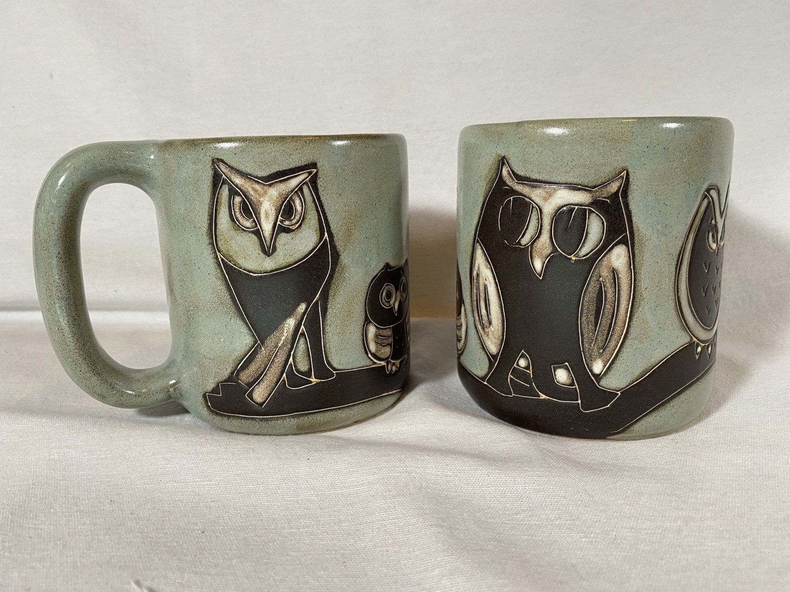 Set Of 2 Mara Of Mexico Owls Mugs Stoneware Art pottery 16oz Handcrafted Signed