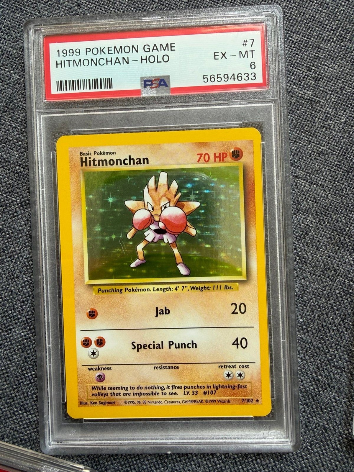 1999 Pokemon Base Set Hitmonchan Holo #7 PSA 6 EX-MT