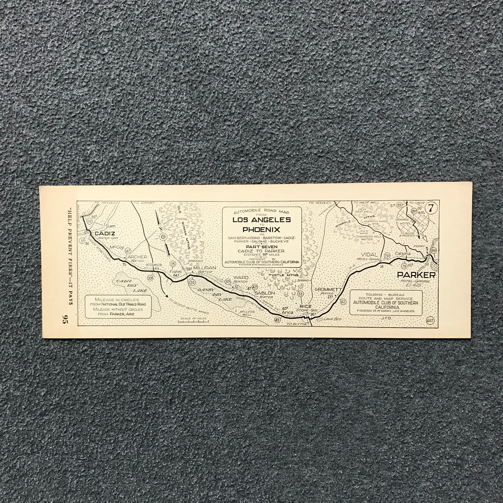 c1915 AAA Auto Club SoCal Strip Road Map Los Angeles to Phoenix Pt7 Cadiz Parker
