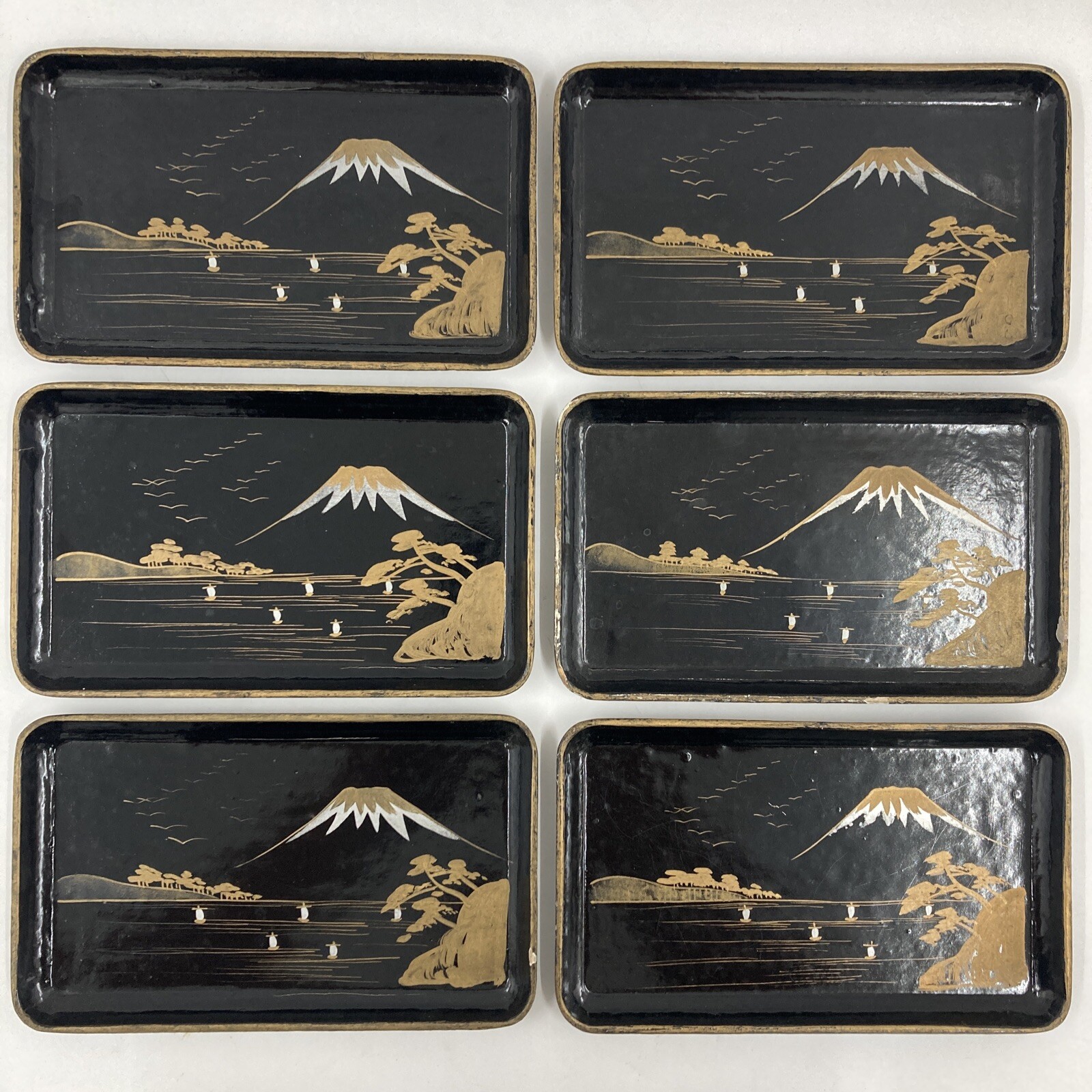 Occupied Japan 1945-1951 Mount Fuji Scenic Black Lacquer Set Of 6 Trays 