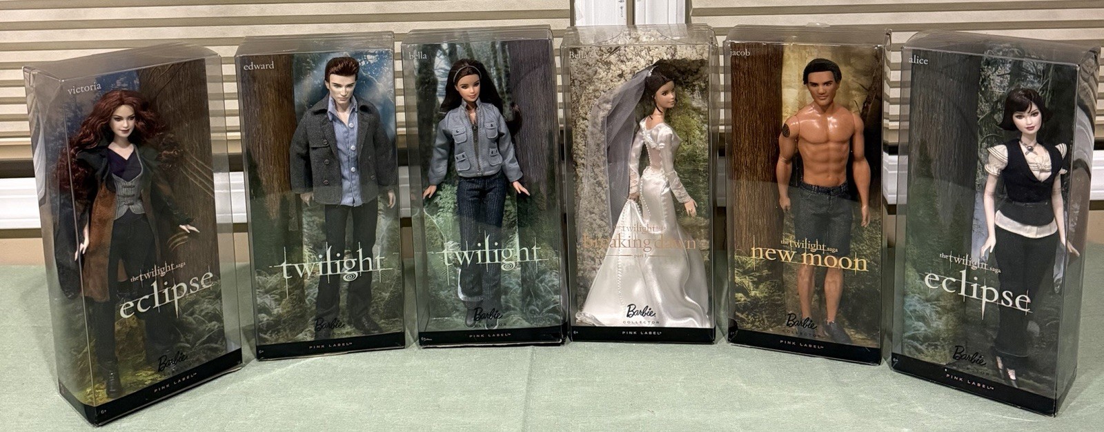 Twilight Barbie Doll Lot of 6 Edward Bella Jacob Alice Victoria Pink Label NRFB