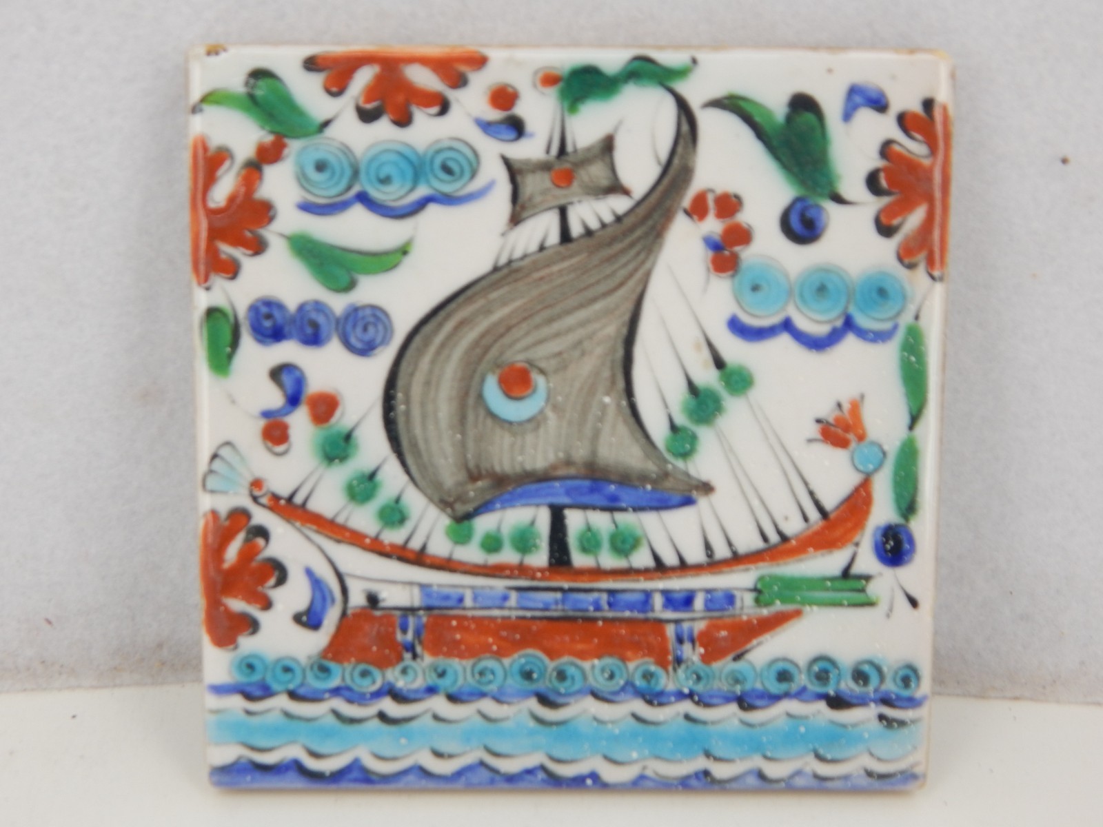 Vintage Ikaros Pottery Hand-Painted Sailing Ship Ceramic Tile Vintage Ikaros Pottery Hand-Painted Sailing Ship Ceramic Tile