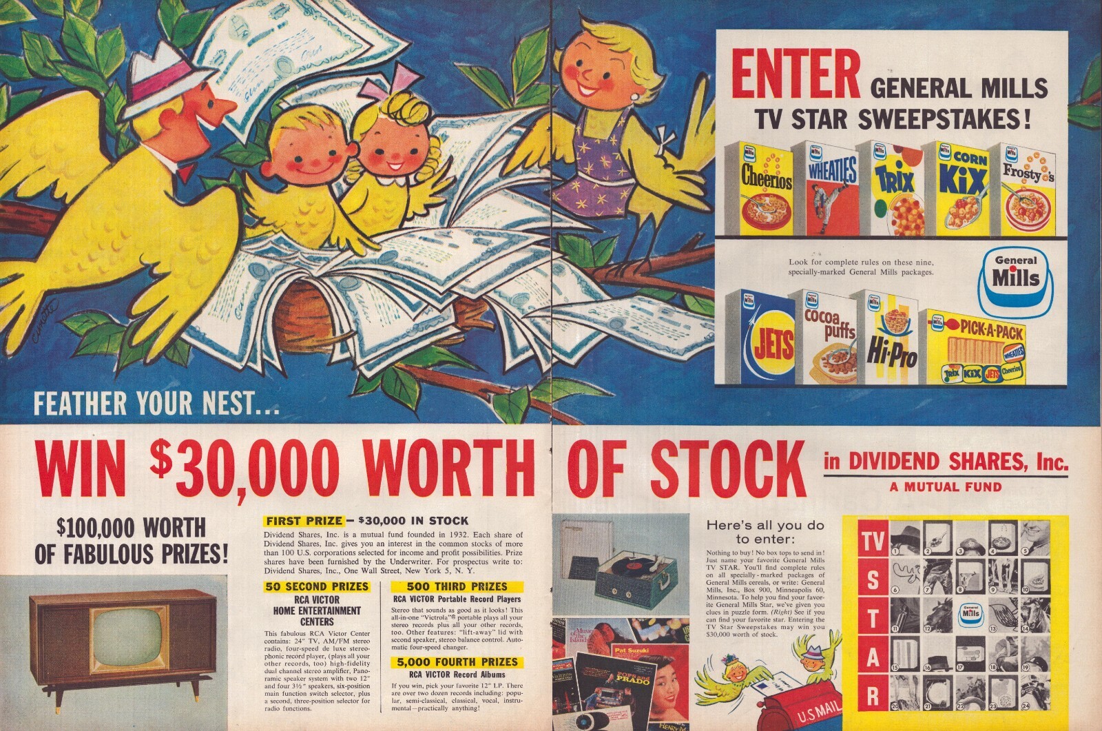 1960 General Mills Cereal TWO PAGE Print Ad TV Star Sweepstakes Family Nest