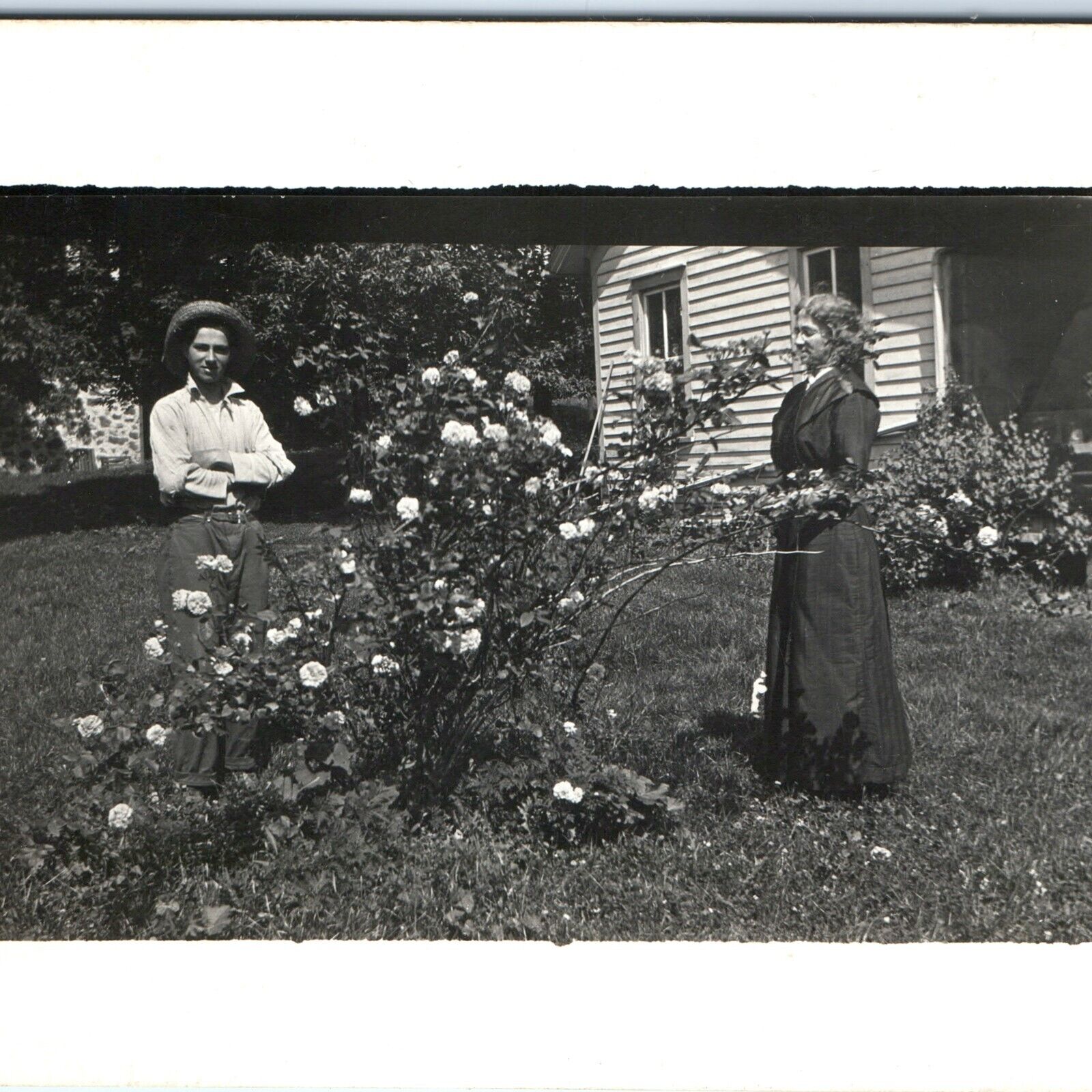 c1910s Outdoor Huge Rose Bush RPPC Man Woman House Yard Real Photo Flowers A162