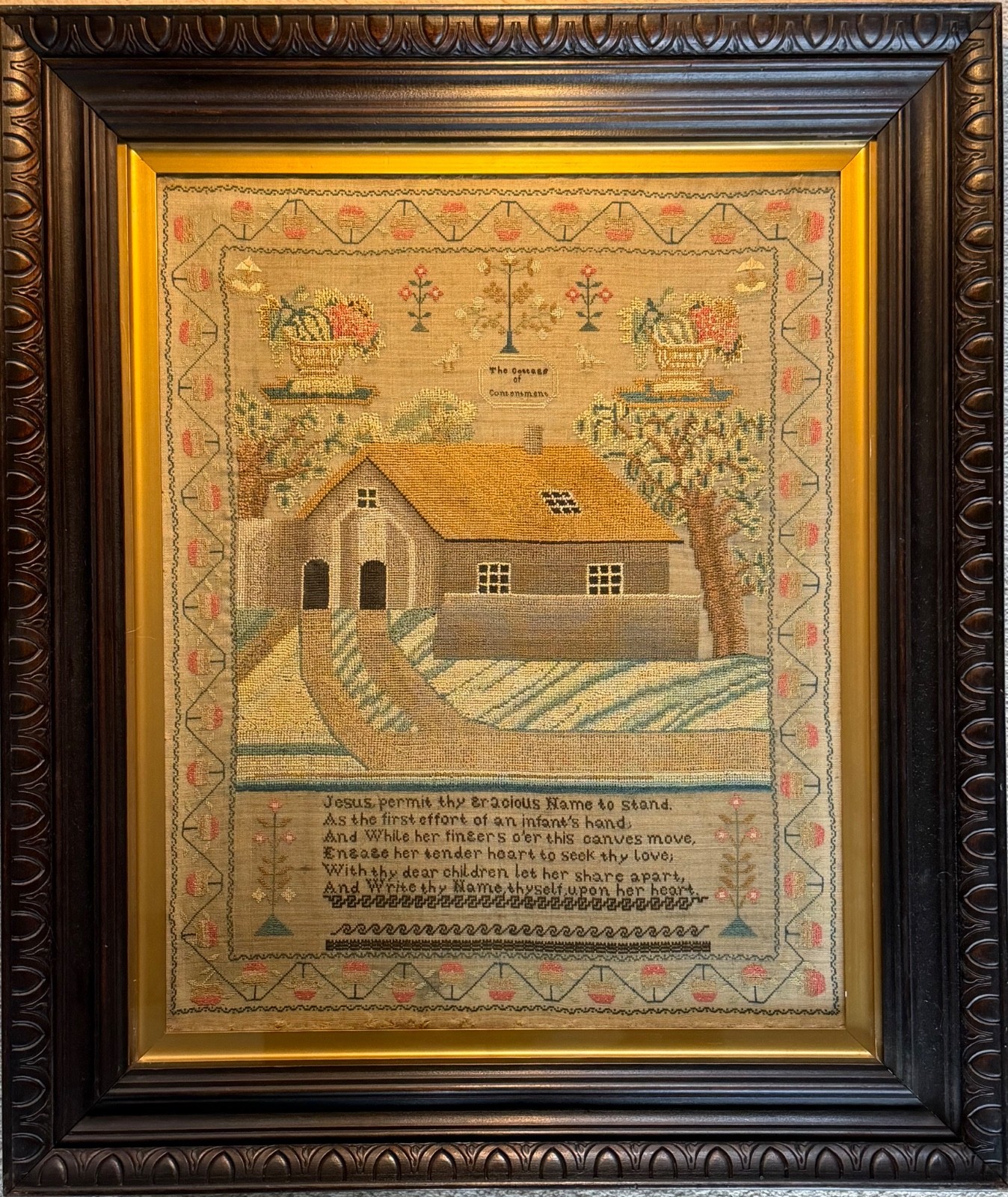 Antique Sampler. Cottage House sampler. Oak carved frame. 19th c Sampler.