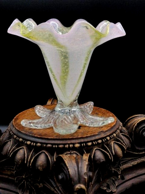 Antique Harrach Bohemian Pink Opalescent Gold Floriform Vase Silver Mica