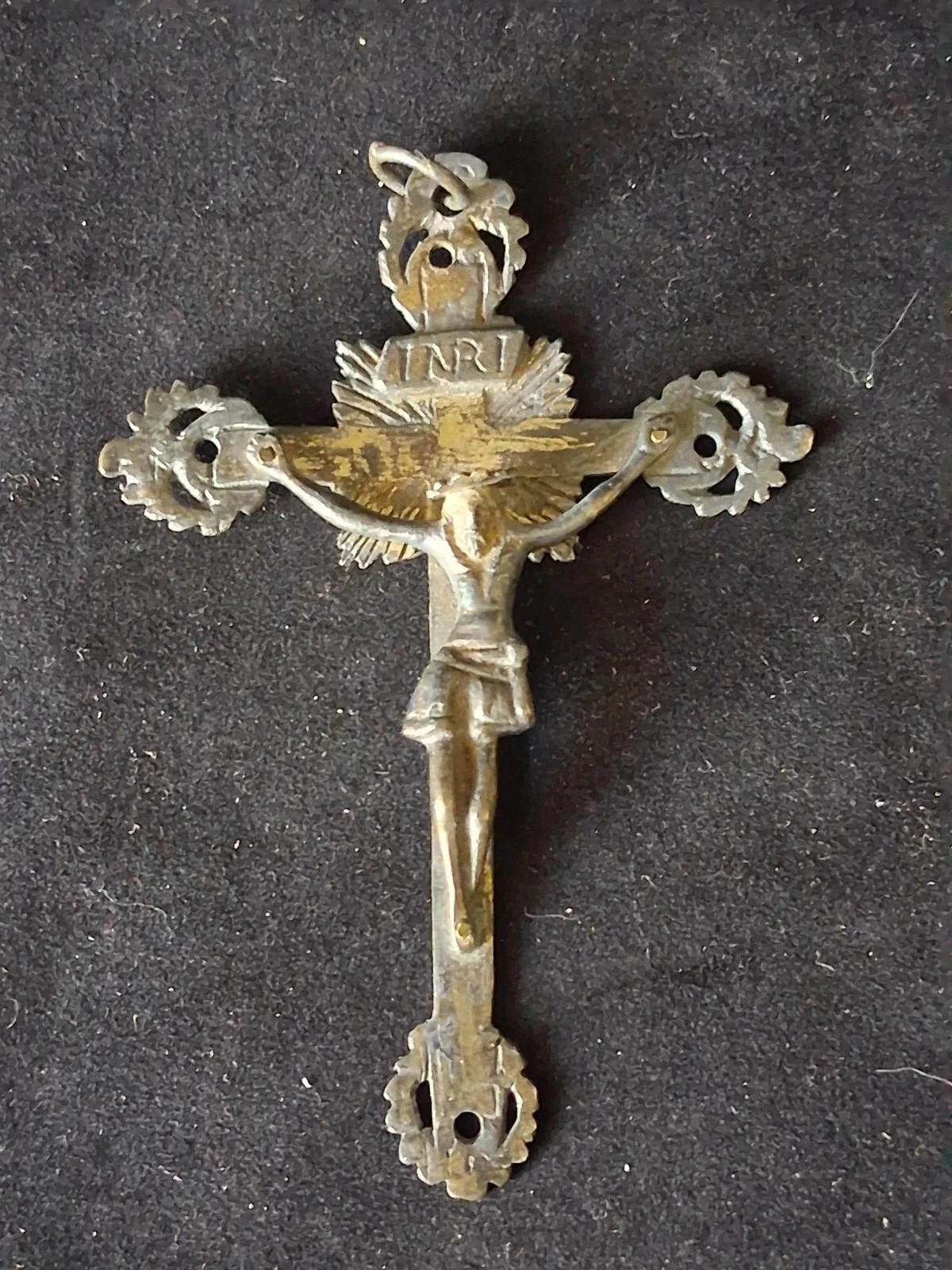 Antique Cast Brass Crucifix Cross INRI Jesus Sunburst Halo Ornate French 2.5x3.5