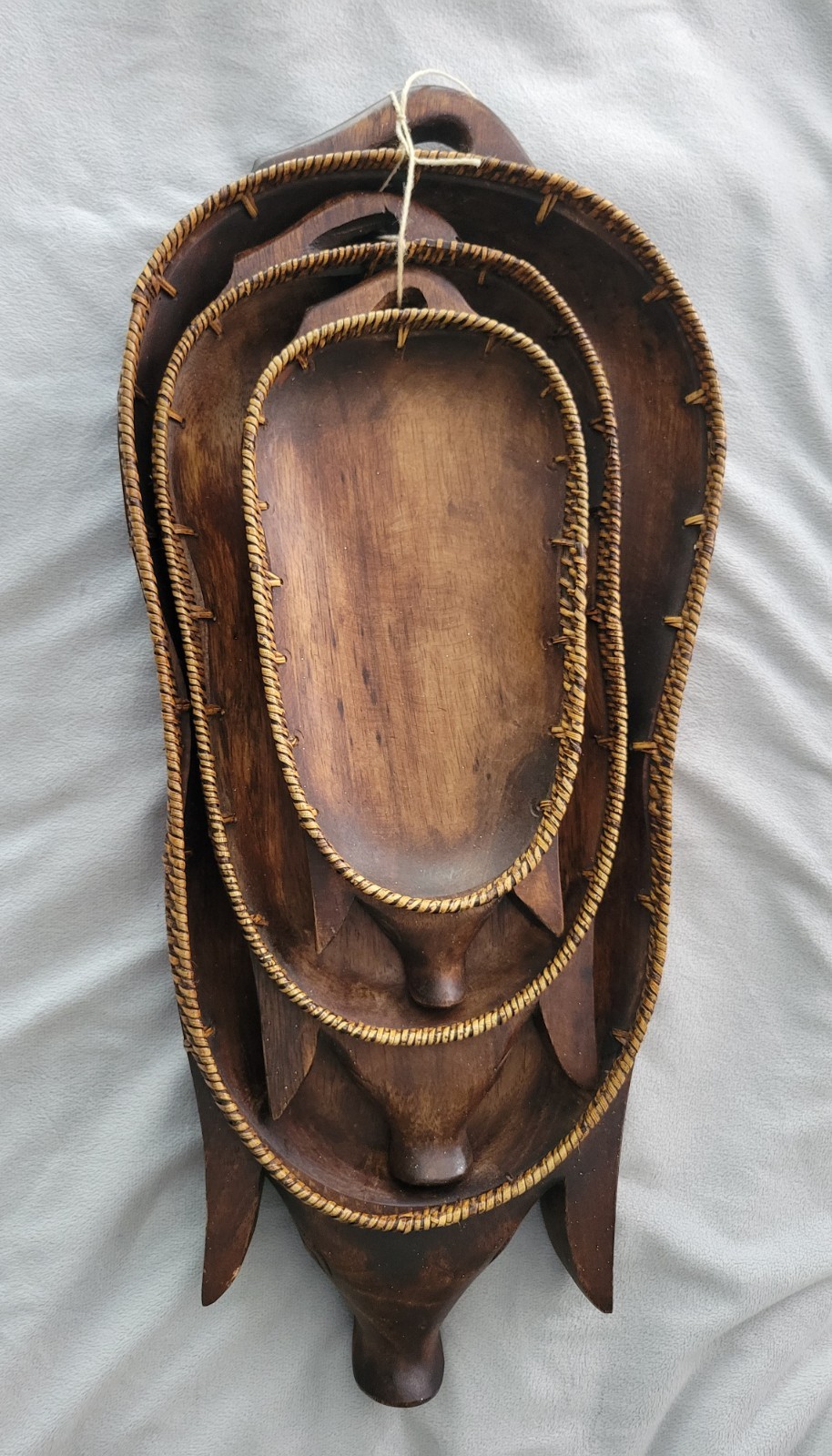 Vintage Set 3 Nesting Carved Wood Pig Basket Serving Trays Fruit Wicker Braided Vintage Set 3 Nesting Carved Wood Pig Basket Serving Trays Fruit Wicker Braided