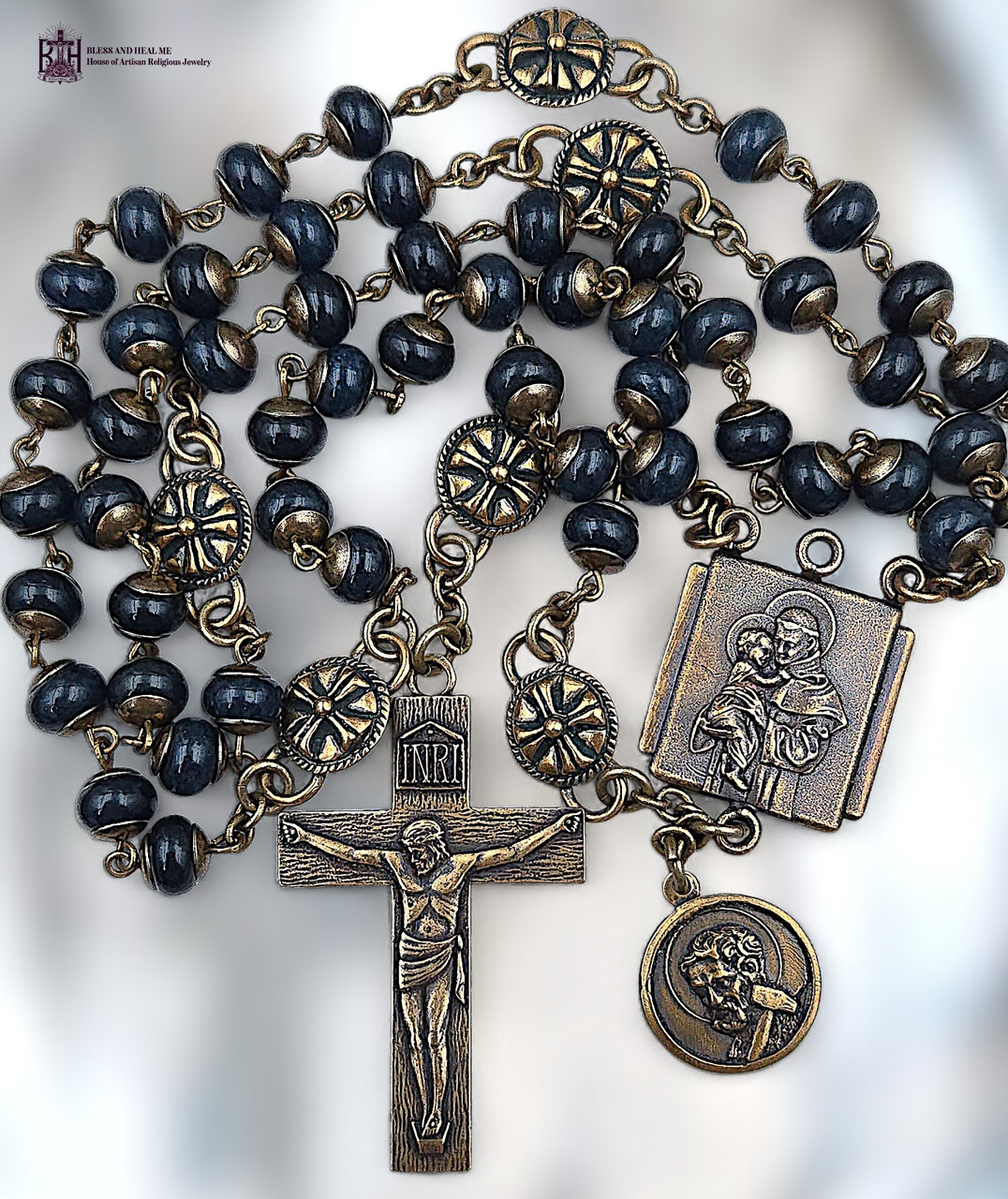 St Anthony, St Joseph, St Michael Heirloom Rosary | Heritage Bronze| Blue Jade