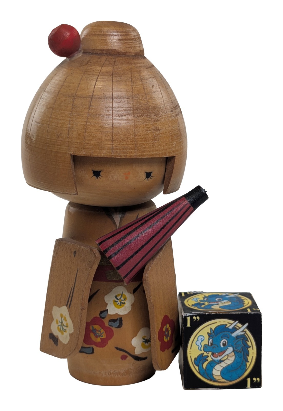 Vintage Creative Kokeshi Doll Girl w/ Umbrella Dated 1979 from Japan, 12cm 4.7\